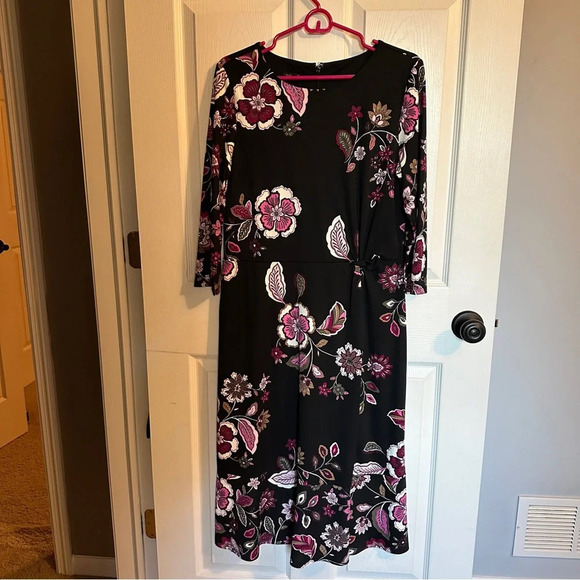 Talbots black dress with floral print, 14P, midi, ruched waist, stretchy - Picture 1 of 6